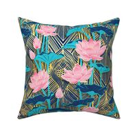 Art Deco Lotus Flowers in Pink & Navy