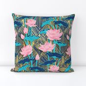 Art Deco Lotus Flowers in Pink & Navy