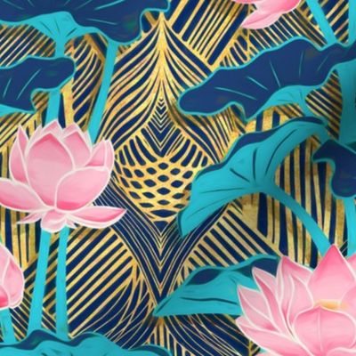 Art Deco Lotus Flowers in Pink & Navy