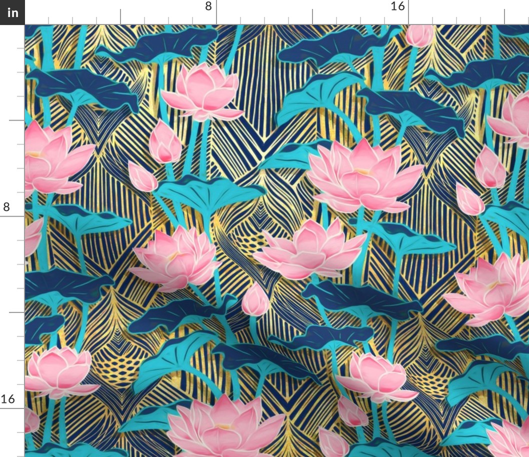 Art Deco Lotus Flowers in Pink & Navy