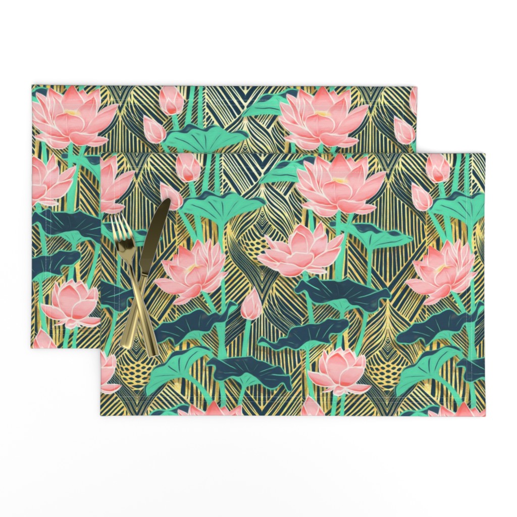 Art Deco Lotus Flowers in Peach & Emerald