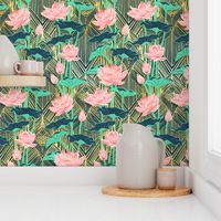 Art Deco Lotus Flowers in Peach & Emerald