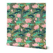 Art Deco Lotus Flowers in Peach & Emerald