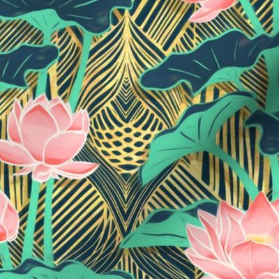 Art Deco Lotus Flowers in Peach & Emerald