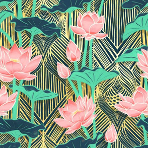 Art Deco Lotus Flowers in Peach & Emerald