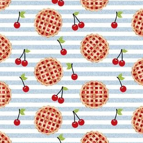 cherry pie fabric - food, pie, pies, cherries, fruit, cherry, baker, bakery - blue stripes