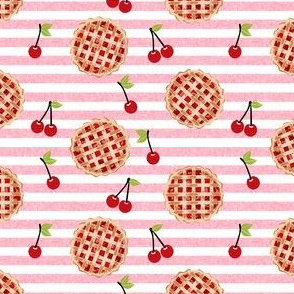 cherry pie fabric - food, pie, pies, cherries, fruit, cherry, baker, bakery - pink stripe