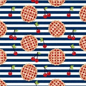 cherry pie fabric - food, pie, pies, cherries, fruit, cherry, baker, bakery - navy stripe