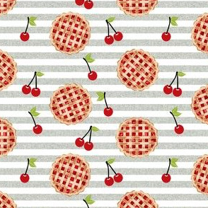 cherry pie fabric - food, pie, pies, cherries, fruit, cherry, baker, bakery - tan stripe