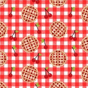 cherry pie fabric - food, pie, pies, cherries, fruit, cherry, baker, bakery -  red gingham