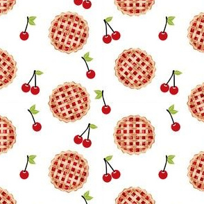 cherry pie fabric - food, pie, pies, cherries, fruit, cherry, baker, bakery - white