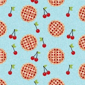 cherry pie fabric - food, pie, pies, cherries, fruit, cherry, baker, bakery -  blue