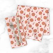 cherry pie fabric - food, pie, pies, cherries, fruit, cherry, baker, bakery - - pink