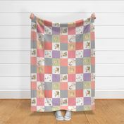 Daddy's Girl Forest Animals Patchwork Cheater Quilt ROTATED - Baby Girl Blanket, Bunny Hedgehog Squirrel Deer - Peach Coral Lavender + Gray - EMILY pattern A2