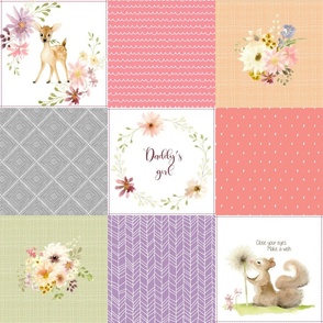Daddy's Girl Forest Animals Patchwork Cheater Quilt - Baby Girl Blanket, Bunny Hedgehog Squirrel Deer - Peach Coral Lavender + Gray - EMILY pattern A2