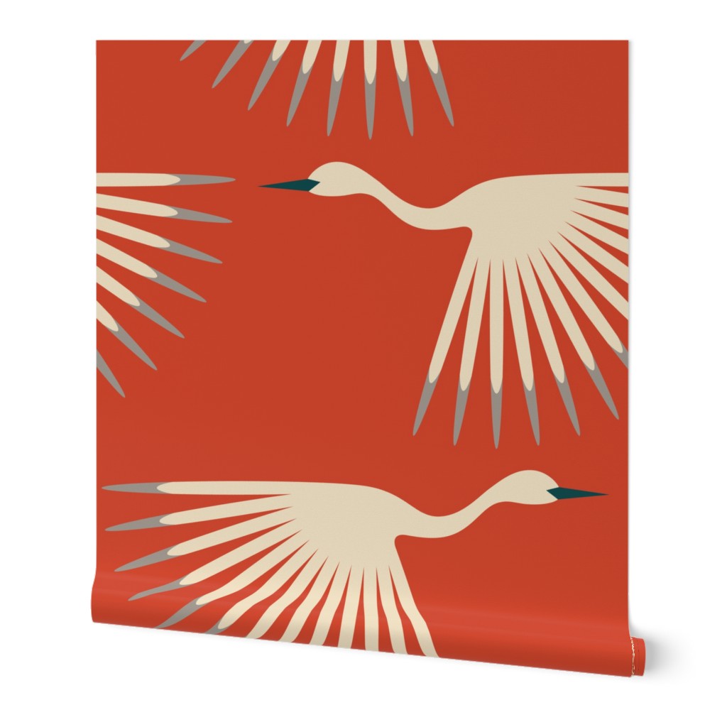 Art Deco Cranes - Soft Vermilion