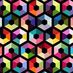 Rainbow hexagons on black background colorful geometry seamless pattern