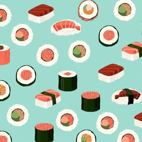 sushi fabric - sushi, sashimi, japan, Japanese food, food, cute, kawaii food, food fabric - mint