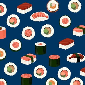 sushi fabric - sushi, sashimi, japan, Japanese food, food, cute, kawaii food, food fabric - navy