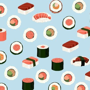 sushi fabric - sushi, sashimi, japan, Japanese food, food, cute, kawaii food, food fabric - blue