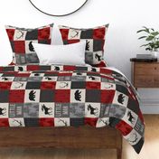 little man quilt - red, cream, grey, and black - ROTATED - woodland animals