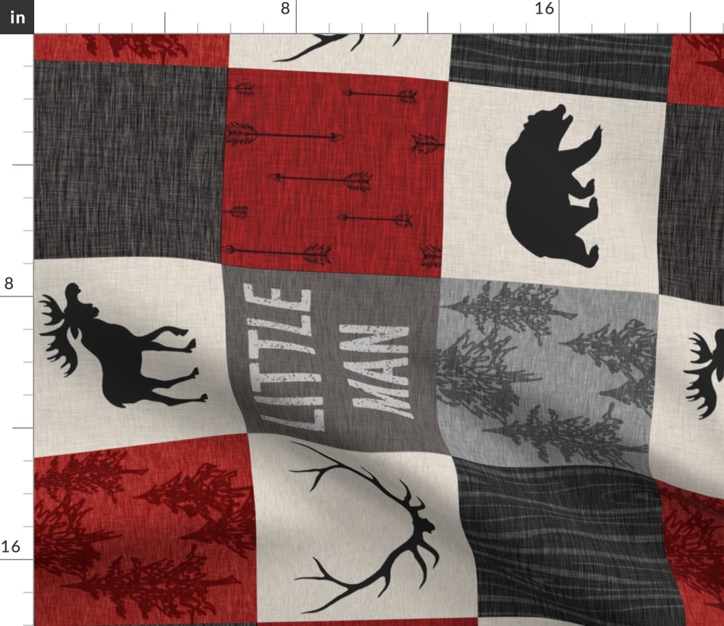 little man quilt - red, cream, grey, and black - ROTATED - woodland animals