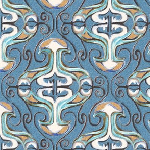 Beige and Blue Damask with Tendrils