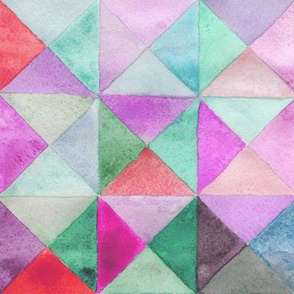 1950s Watercolors triangles and squares, multicolored ornament, seamless pattern purple blue lilac green beige pink red.