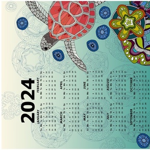 2024 turtle reef mandala calendar tea towel