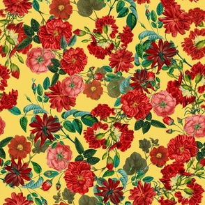 Nostalgic Red Pierre-Joseph Redouté Flowers, Antique Bloom Bouquets, Vintage Home Decor,   English Rose Fabric - yellow 