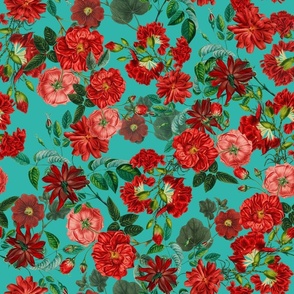 Nostalgic Red Pierre-Joseph Redouté Flowers, Antique Bloom Bouquets, Vintage Home Decor,   English Rose Fabric, teal