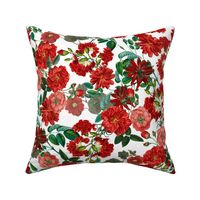 Nostalgic Red Pierre-Joseph Redouté Flowers, Antique Bloom Bouquets, Vintage Home Decor,   English Rose Fabric on White