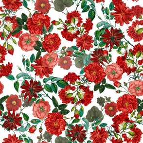 Nostalgic Red Pierre-Joseph Redouté Flowers, Antique Bloom Bouquets, Vintage Home Decor,   English Rose Fabric on White