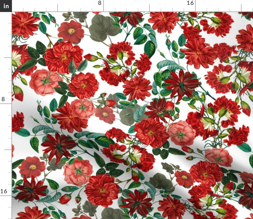 Nostalgic Red Pierre-Joseph Redouté Flowers, Antique Bloom Bouquets, Vintage Home Decor,   English Rose Fabric on White