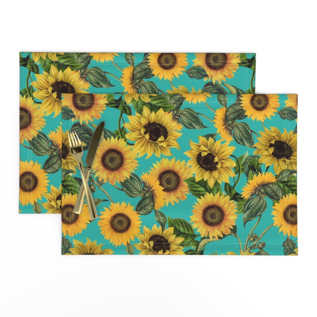 18" Vintage antiqued victorian romanticsm summer  sunflowers on teal , nostalgic sunflower fabric, sunflowers fabric, botany pattern tea towel