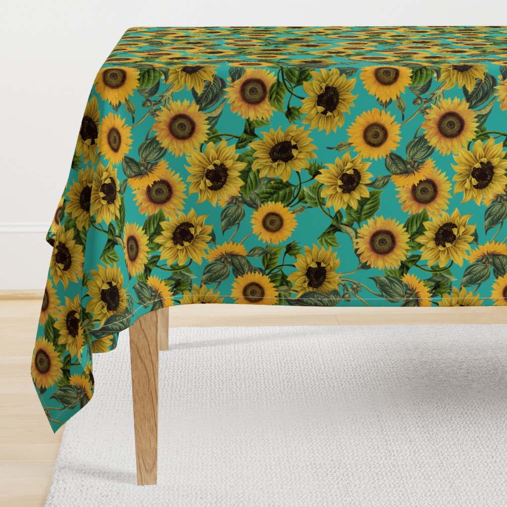 18" Vintage antiqued victorian romanticsm summer  sunflowers on teal , nostalgic sunflower fabric, sunflowers fabric, botany pattern tea towel