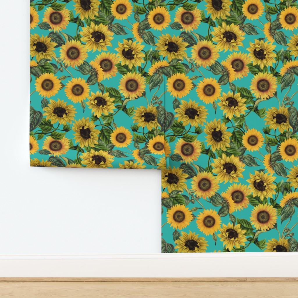 18 Vintage Sunflowers On Teal Sunflower On Isobar By Utart Roostery Home Decor