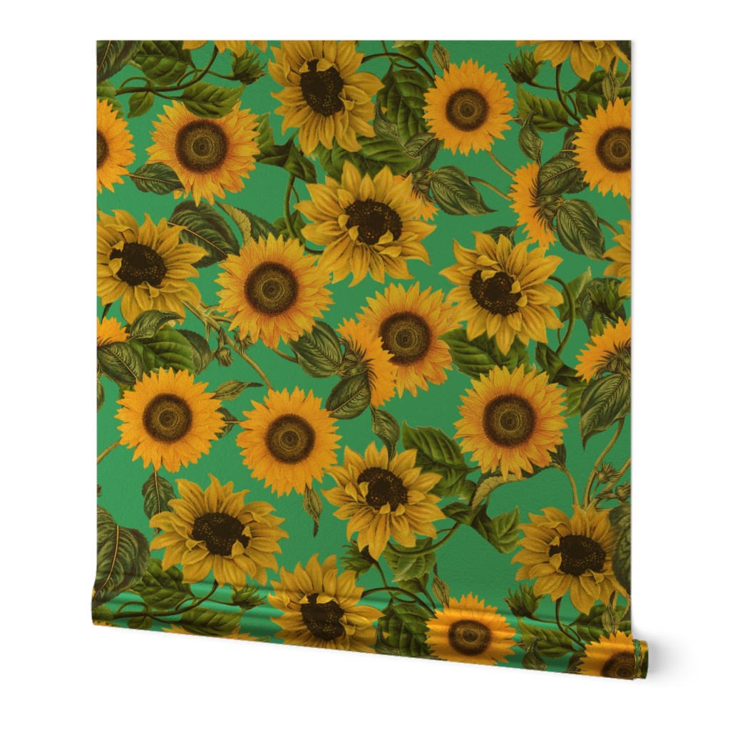 18" Vintage antiqued victorian romanticsm summer  sunflowers on teal , nostalgic sunflower fabric, sunflowers fabric, botany pattern tea towel