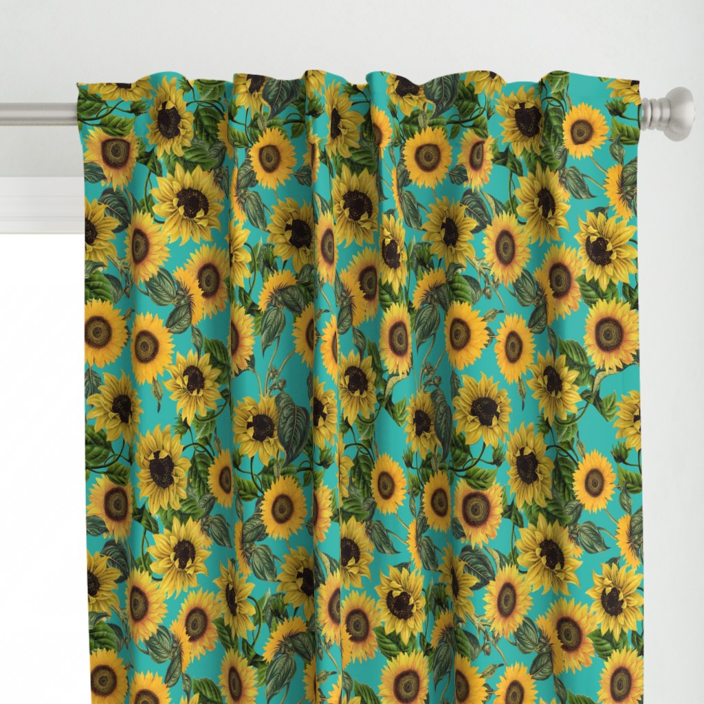 18" Vintage antiqued victorian romanticsm summer  sunflowers on teal , nostalgic sunflower fabric, sunflowers fabric, botany pattern tea towel