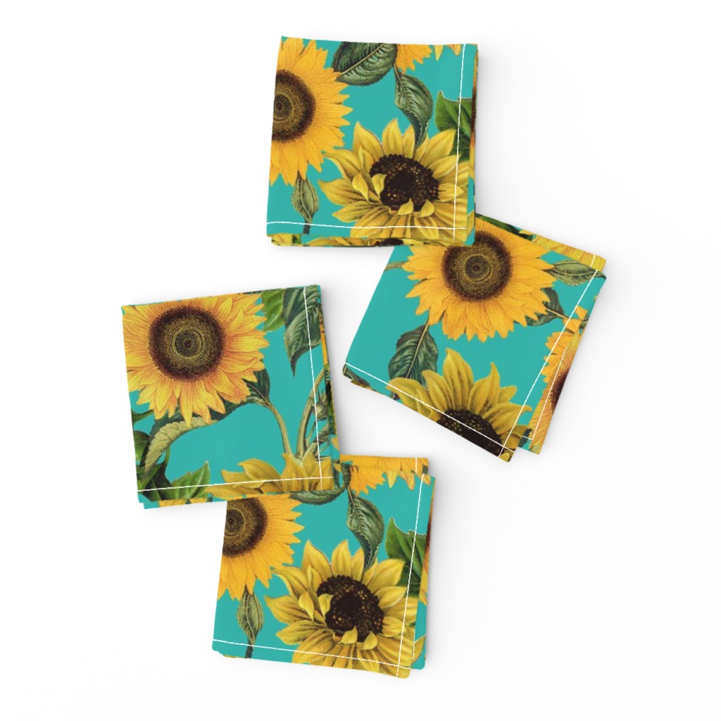 18" Vintage antiqued victorian romanticsm summer  sunflowers on teal , nostalgic sunflower fabric, sunflowers fabric, botany pattern tea towel