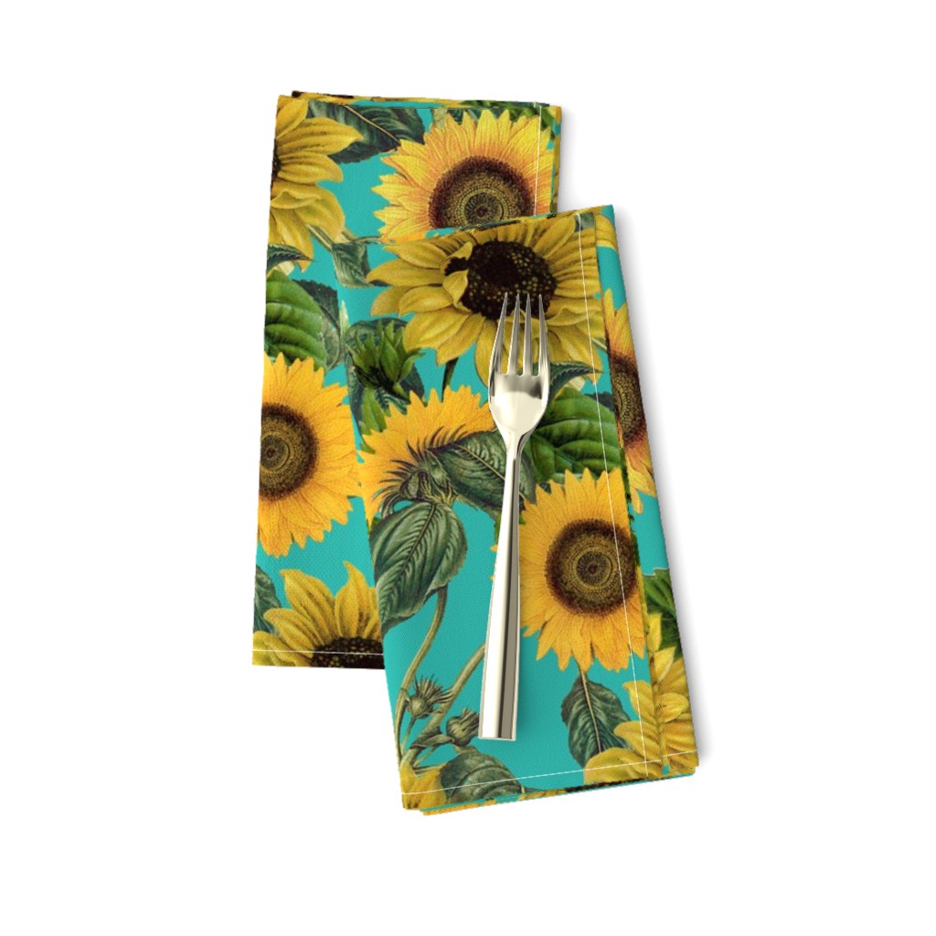 18" Vintage antiqued victorian romanticsm summer  sunflowers on teal , nostalgic sunflower fabric, sunflowers fabric, botany pattern tea towel