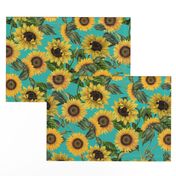 18" Vintage antiqued victorian romanticsm summer  sunflowers on teal , nostalgic sunflower fabric, sunflowers fabric, botany pattern tea towel