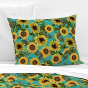 18" Vintage antiqued victorian romanticsm summer  sunflowers on teal , nostalgic sunflower fabric, sunflowers fabric, botany pattern tea towel