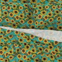 18" Vintage antiqued victorian romanticsm summer  sunflowers on teal , nostalgic sunflower fabric, sunflowers fabric, botany pattern tea towel