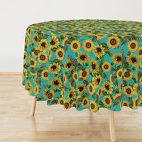 18" Vintage antiqued victorian romanticsm summer  sunflowers on teal , nostalgic sunflower fabric, sunflowers fabric, botany pattern tea towel