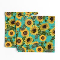 18" Vintage antiqued victorian romanticsm summer  sunflowers on teal , nostalgic sunflower fabric, sunflowers fabric, botany pattern tea towel