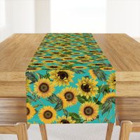 18" Vintage antiqued victorian romanticsm summer  sunflowers on teal , nostalgic sunflower fabric, sunflowers fabric, botany pattern tea towel