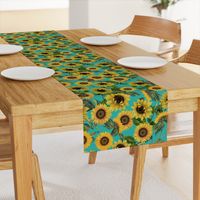 18" Vintage antiqued victorian romanticsm summer  sunflowers on teal , nostalgic sunflower fabric, sunflowers fabric, botany pattern tea towel