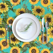 18" Vintage antiqued victorian romanticsm summer  sunflowers on teal , nostalgic sunflower fabric, sunflowers fabric, botany pattern tea towel