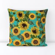 18" Vintage antiqued victorian romanticsm summer  sunflowers on teal , nostalgic sunflower fabric, sunflowers fabric, botany pattern tea towel